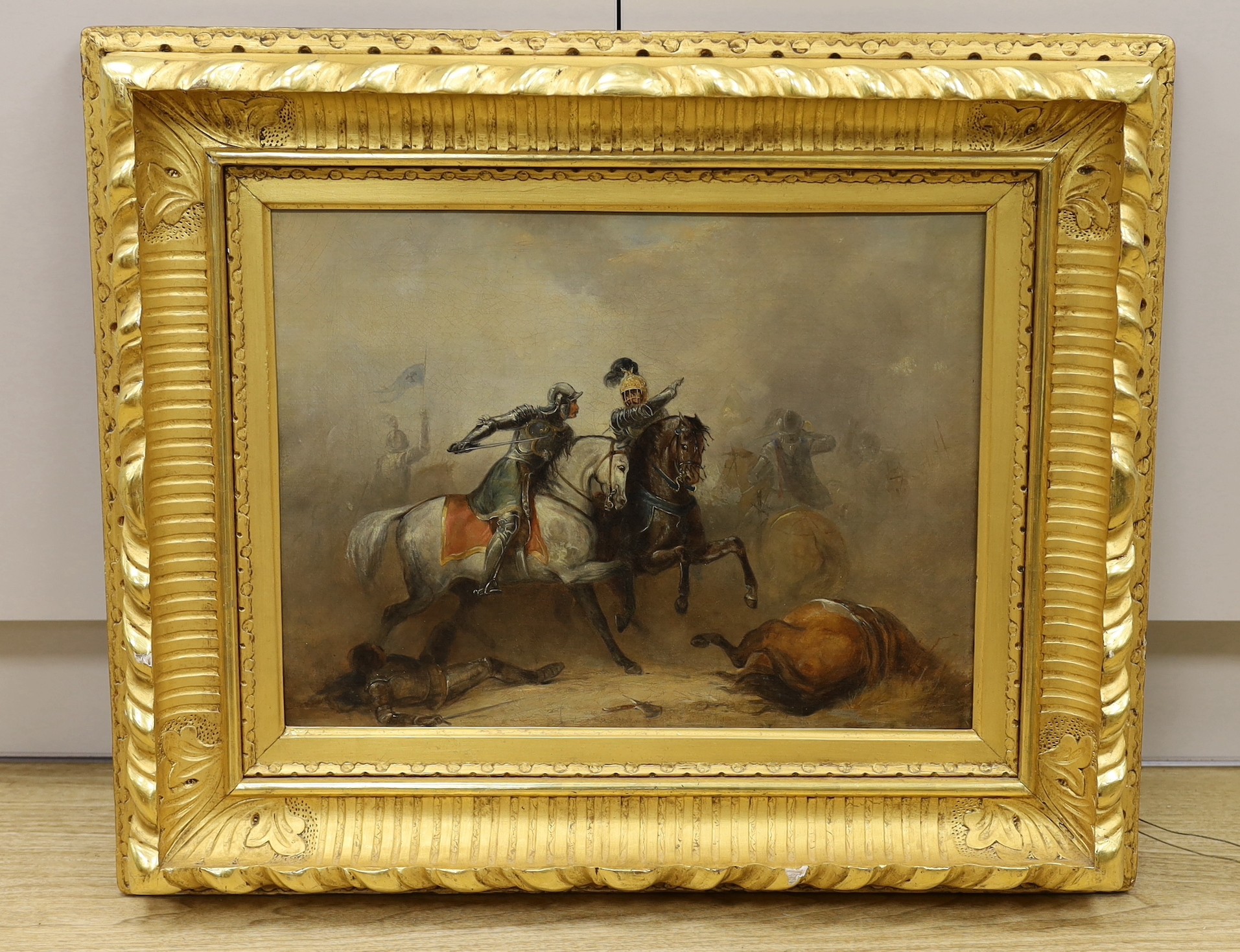 Circle of Jean-Louis Meissonier (French, 1815-1891), oil on canvas, 'Knights in battle', 38 x 50cm